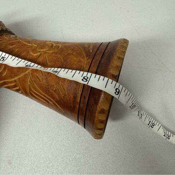 Vintage Wood Carved Tiki Vase Floral Boho Brown Home Decor - Picture 8 of 9